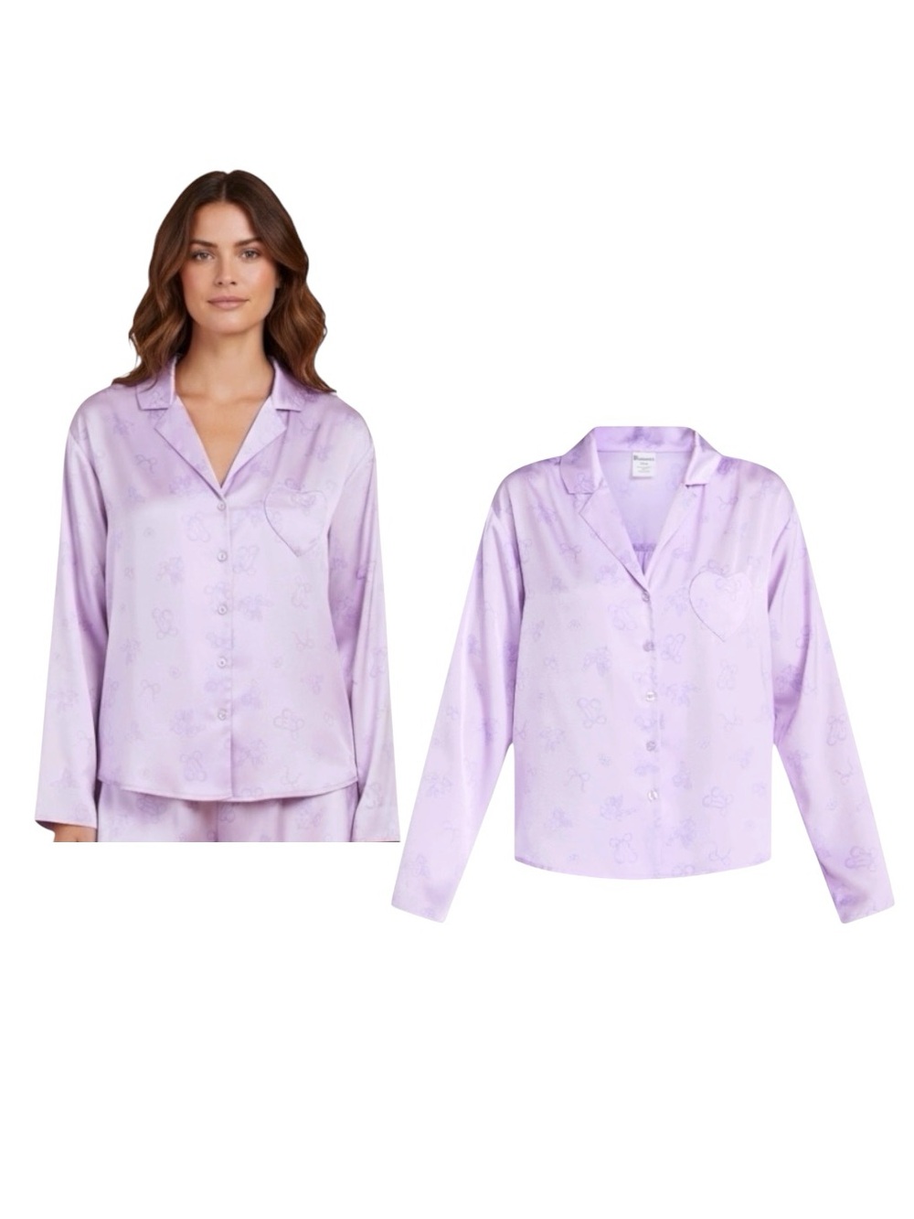 No Boundaries Lavender Satin Cupid Design Button-Up Pajama Top